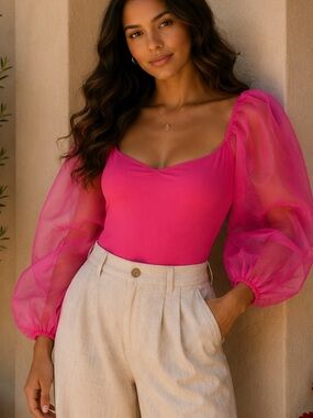 Altar’d State‎ Fuchsia Bodysuit Small – Sheer Puff Sleeve Ribbed Top